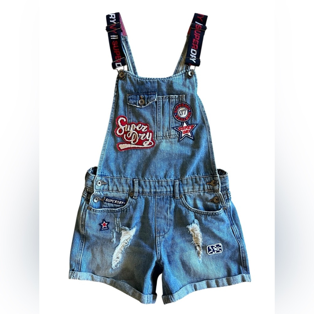 SUPERDRY Rare‎ Dungaree Y2K Logo Appliqué Denim Patches Heritage Shortalls Sz 6
